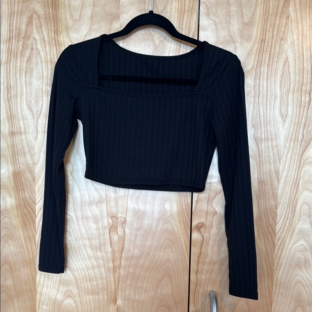 Black Long Sleeve Ribbed Square Neck Women's Top